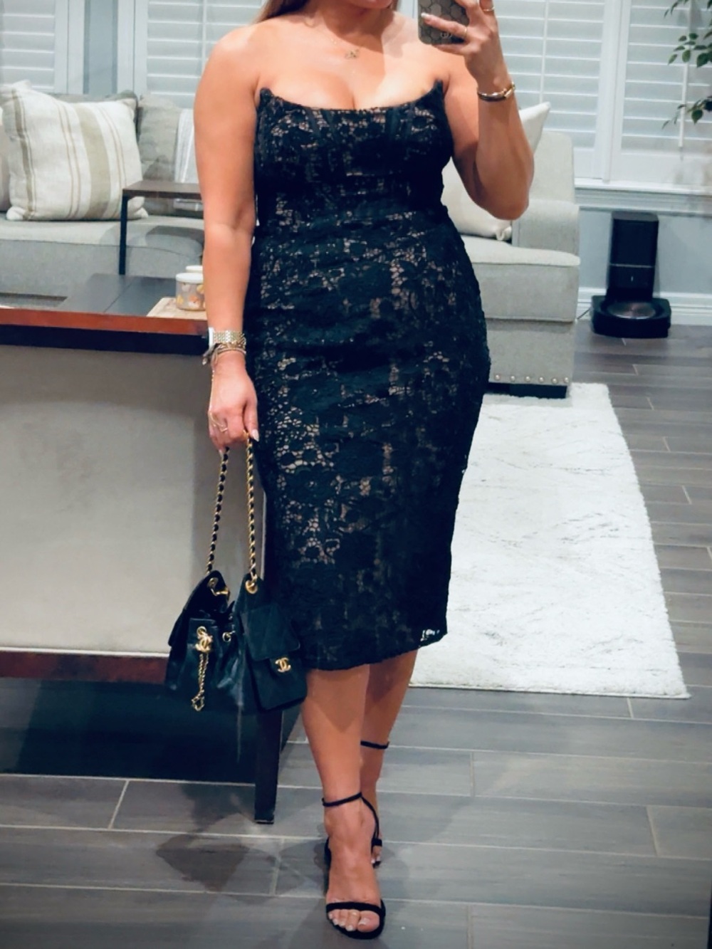 Dress the Population Black Lace Strapless Midi Dress Size M